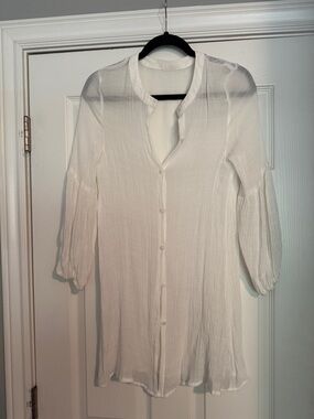 Women's White Button-Front Sheer Beach Cover Up